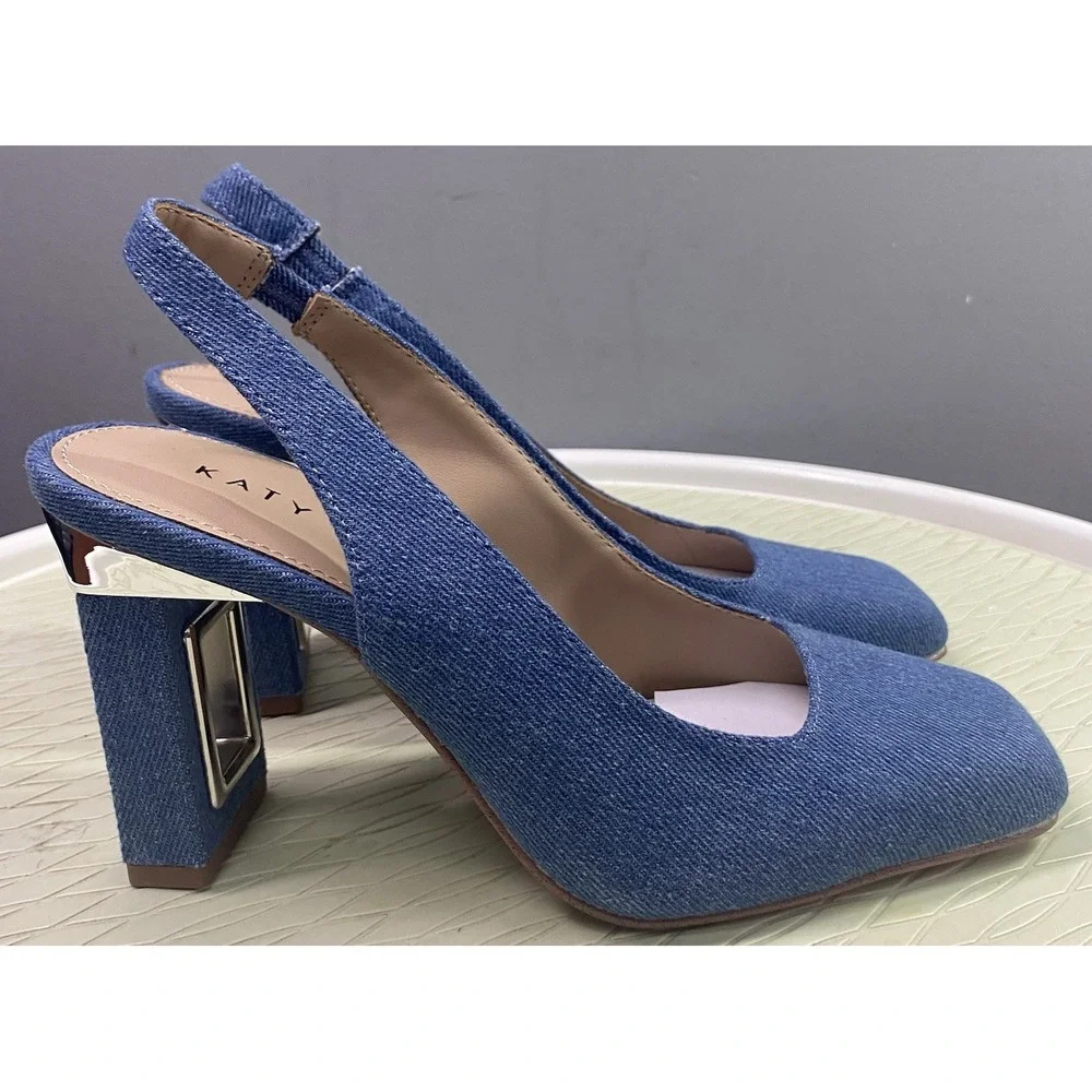 Katy Perry Women Denim Blue Dress Shoes Sling Back Silver Hollow Heel 5.5 M